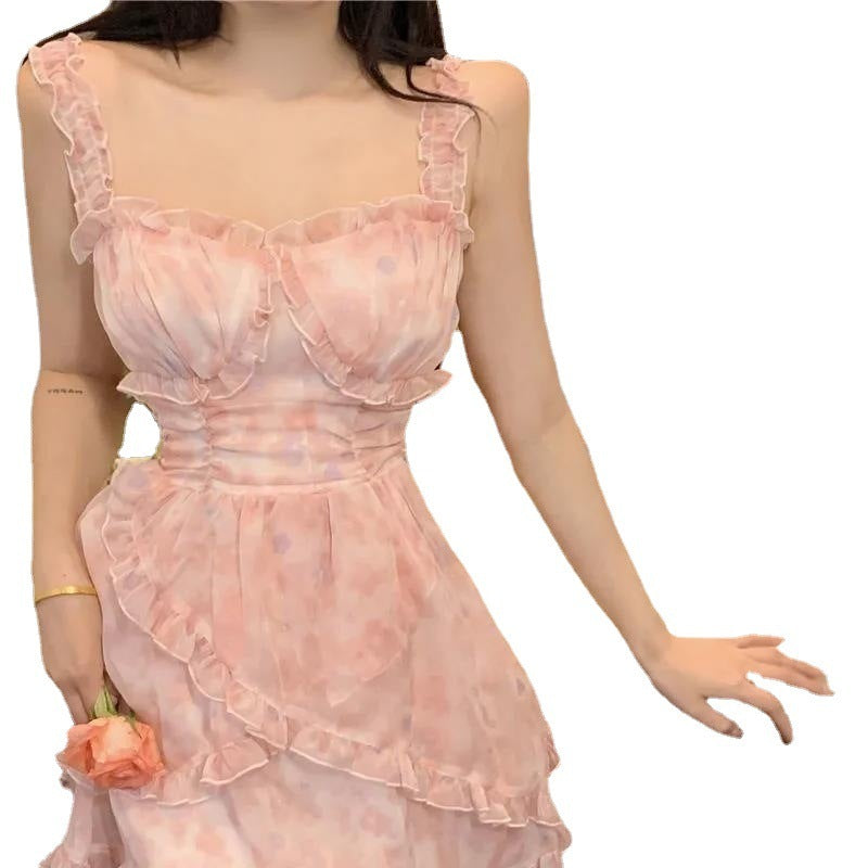 Super Fairy Seaside Holiday Nipped Waist High A- Line Floral Chiffon Sling Dress