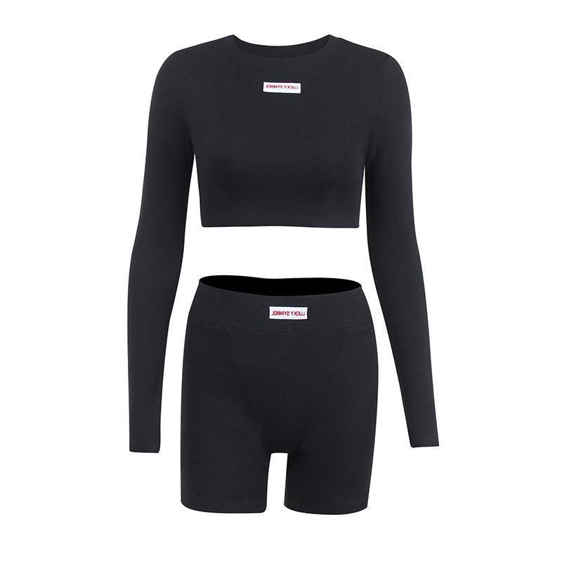 Knitted Long Sleeve Printed Top High Waist Shorts Suit