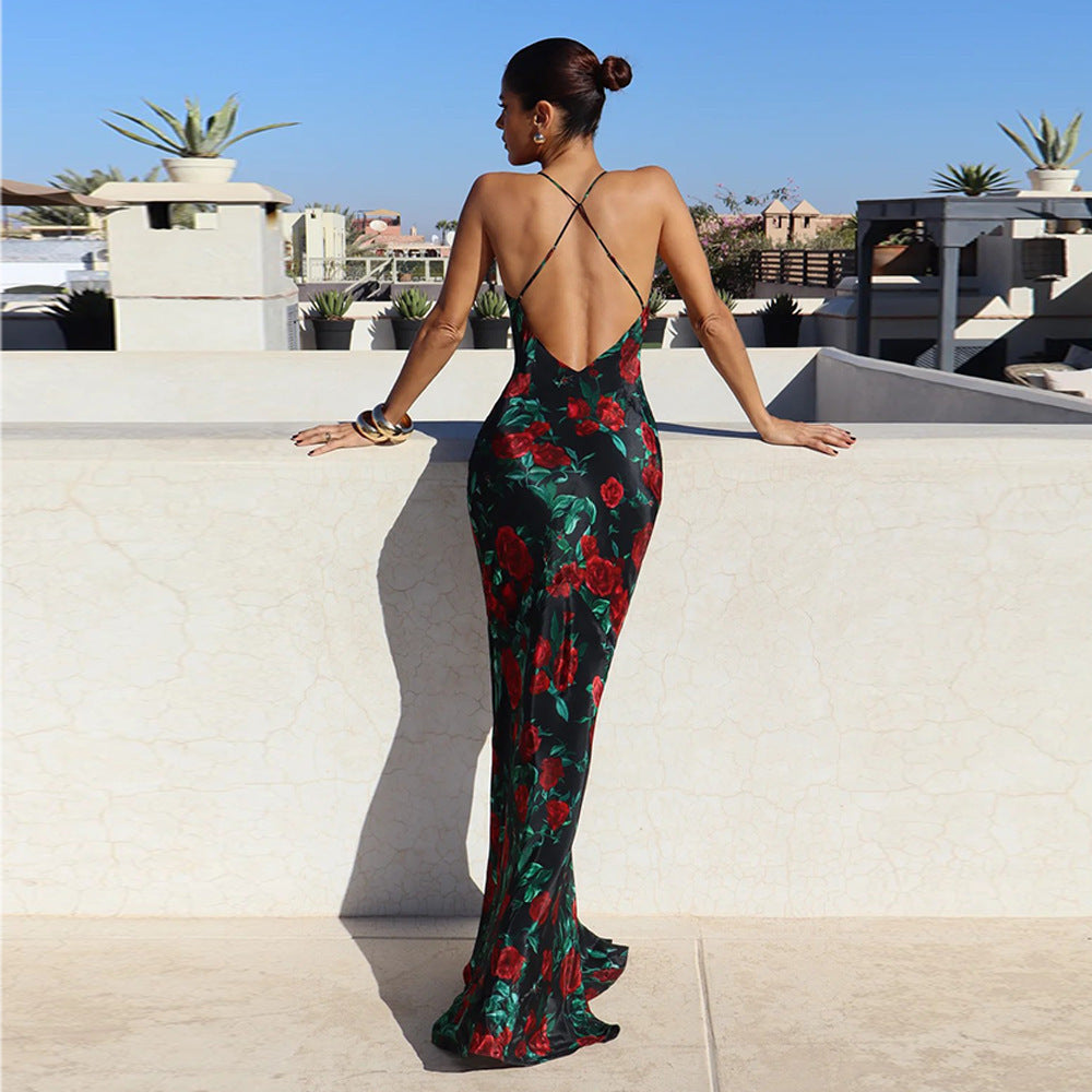 Sling Backless Deep V Printed Sexy Slim Fit Dress