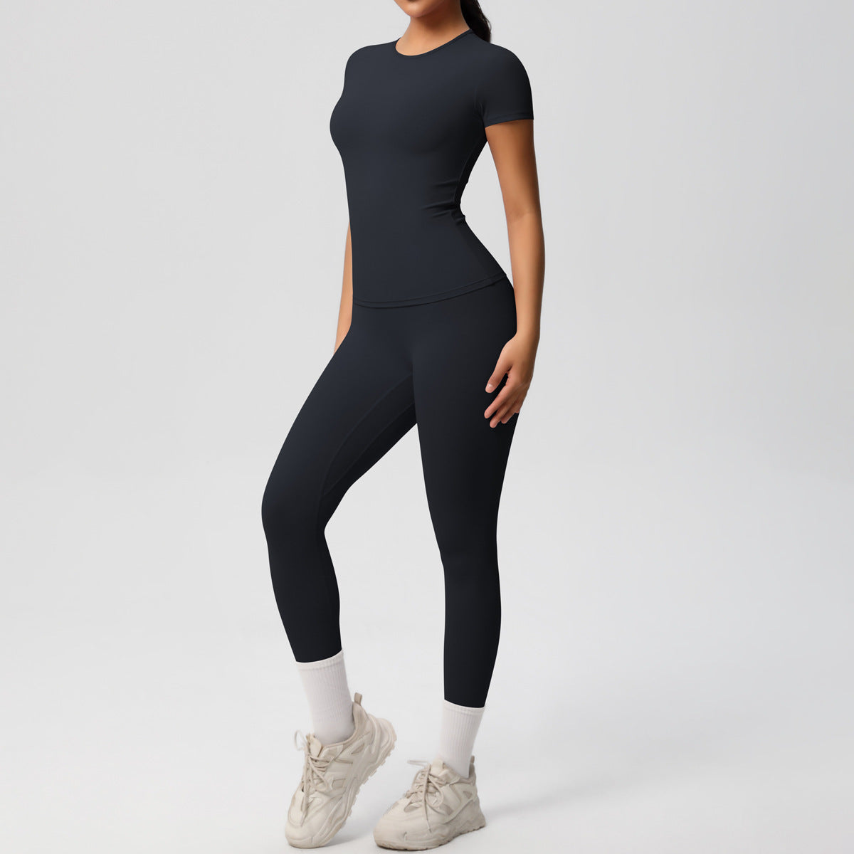 European And American Sports Nude Feel Skin-friendly Solid Color Sports T-shirt Stretch Short Sleeve Yoga Pants High Waist Workout Suit Women