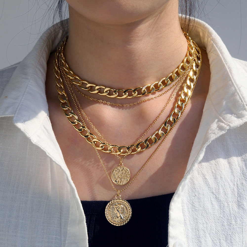 European And American New Multi-layer Round Plate Pendant Necklace