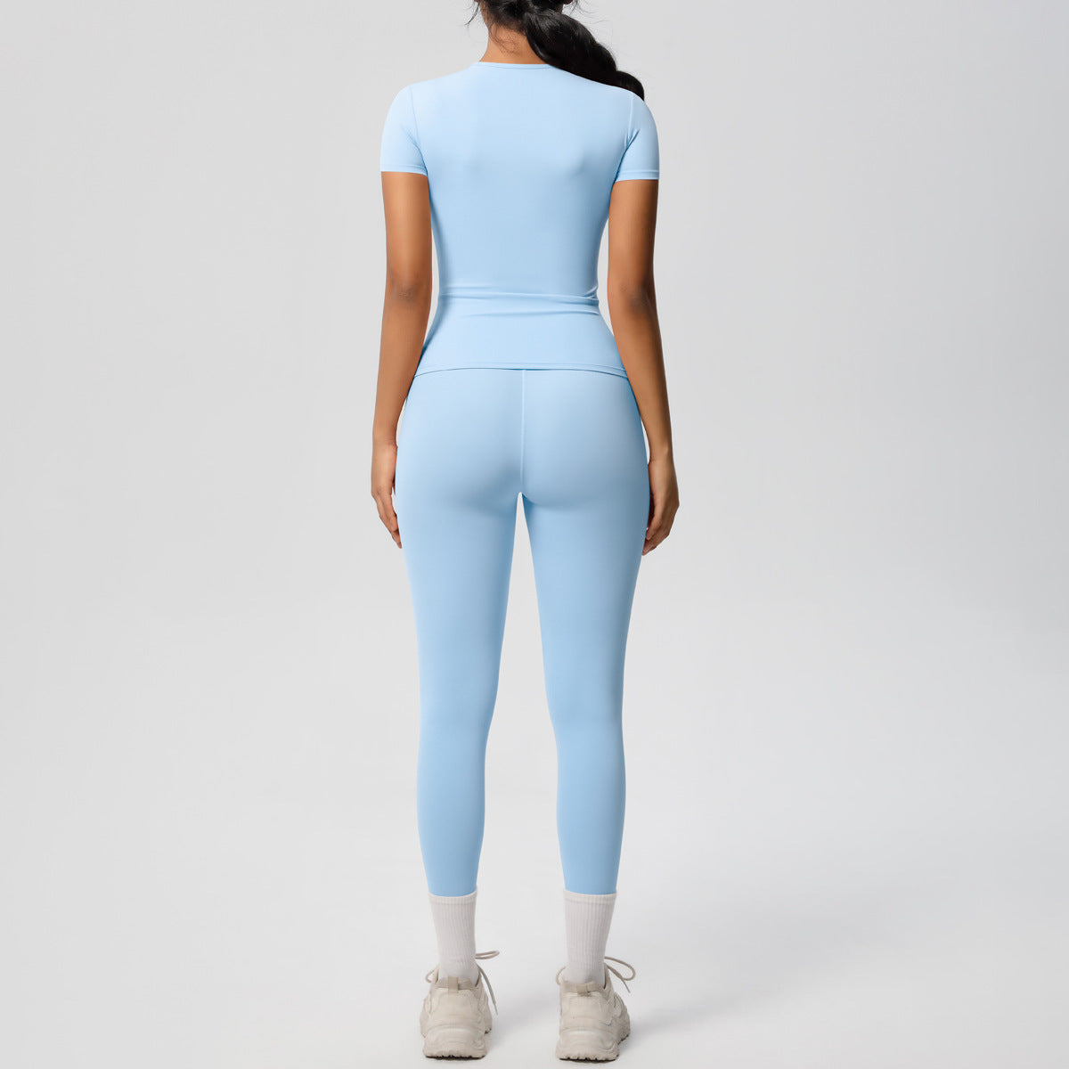European And American Sports Nude Feel Skin-friendly Solid Color Sports T-shirt Stretch Short Sleeve Yoga Pants High Waist Workout Suit Women