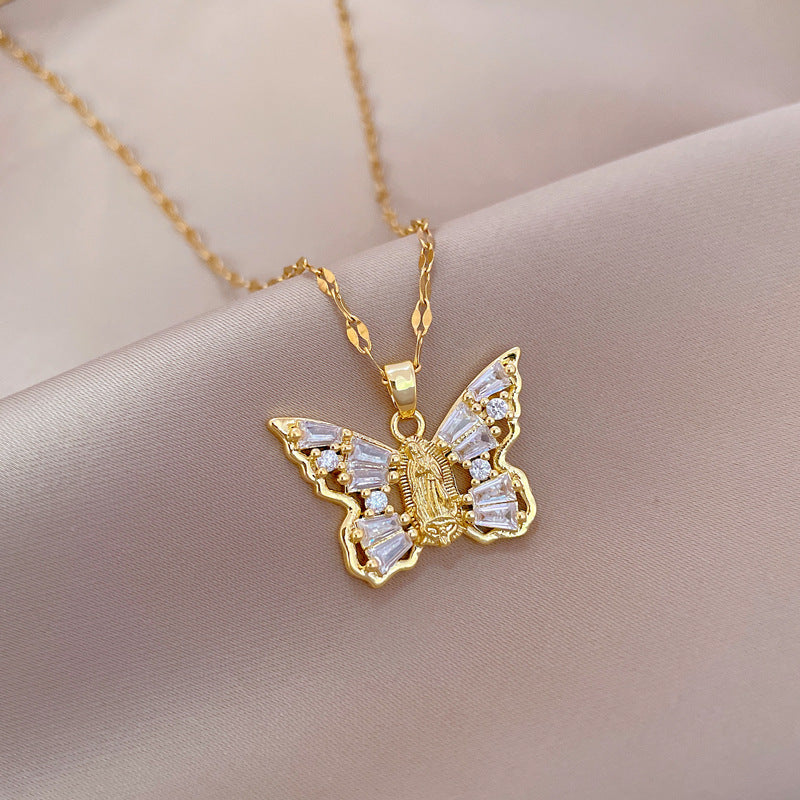 Titanium Steel Micro-inlaid Portrait Butterfly Zircon Necklace