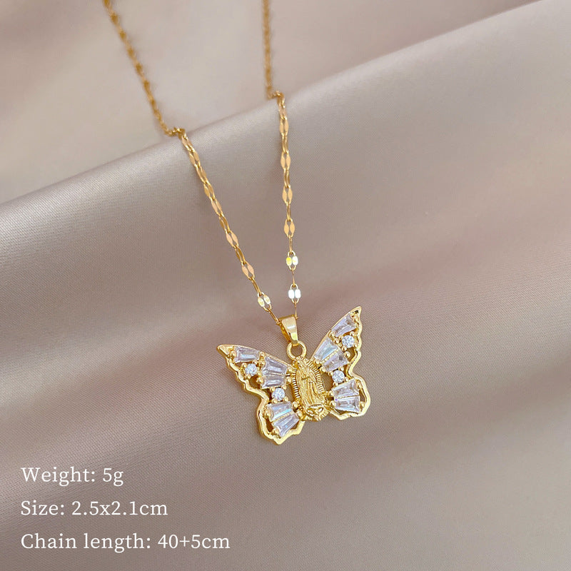 Titanium Steel Micro-inlaid Portrait Butterfly Zircon Necklace