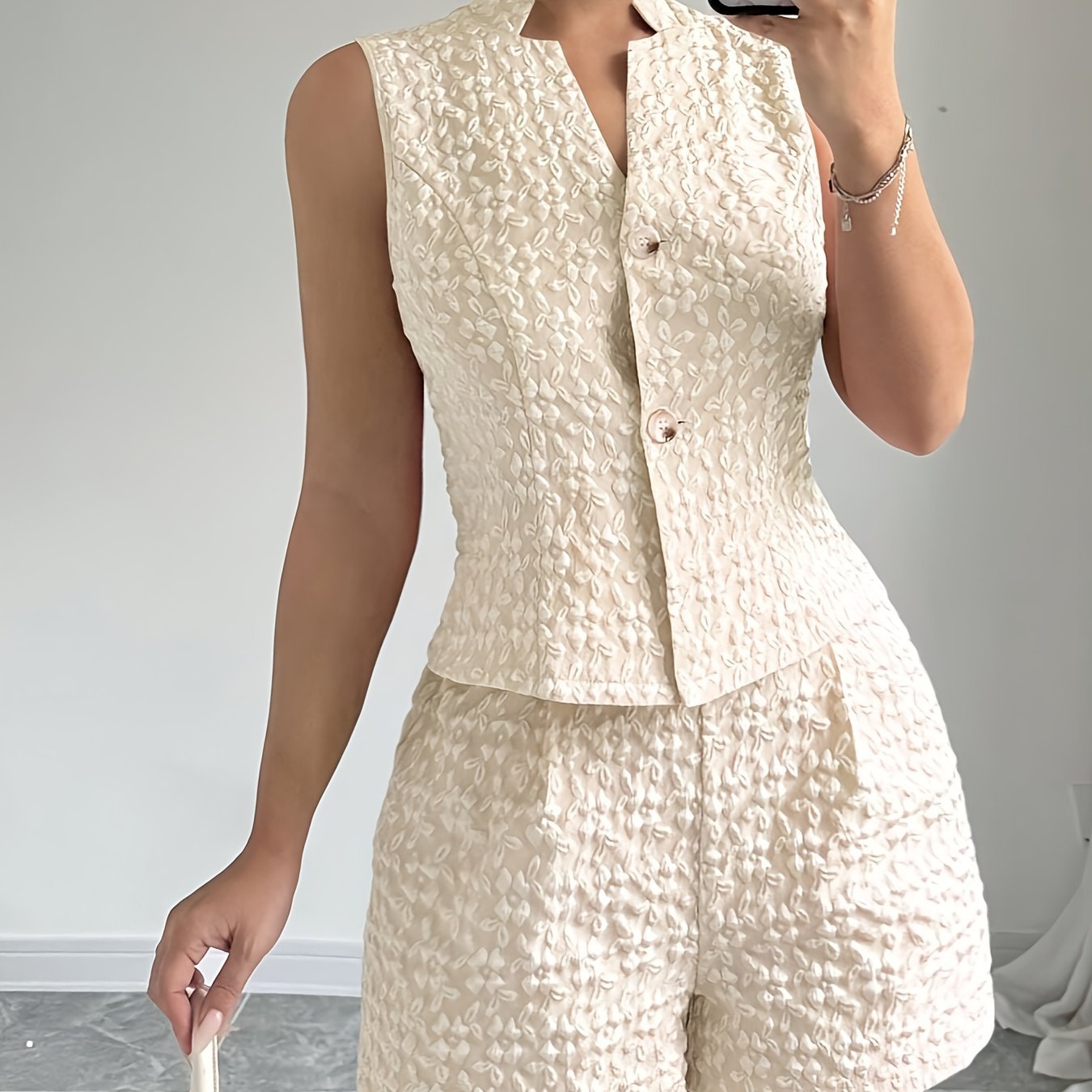 European And American Size Women's Elegant Solid Color Jacquard Sleeveless Vest And Shorts Two-piece Set