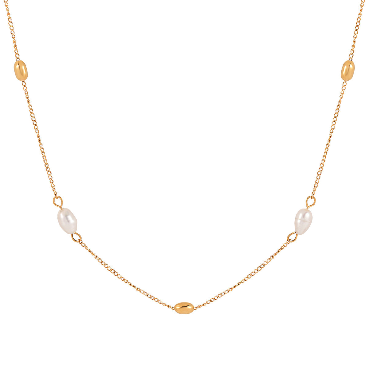 Geometric Ellipse Freshwater Pearl Titanium Steel Necklace
