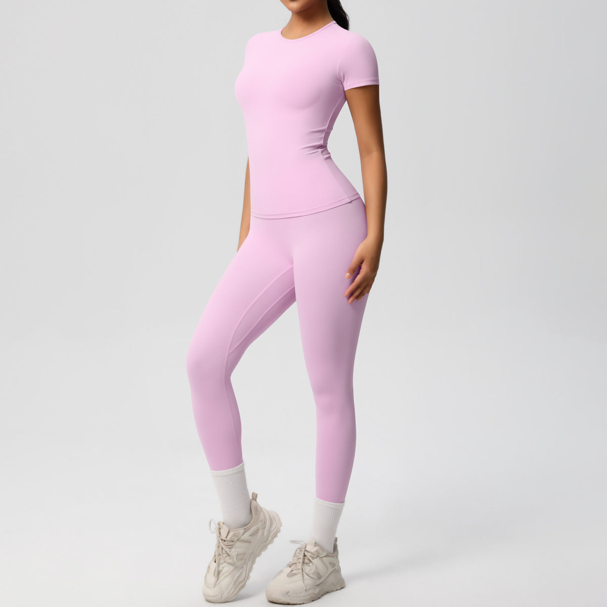 European And American Sports Nude Feel Skin-friendly Solid Color Sports T-shirt Stretch Short Sleeve Yoga Pants High Waist Workout Suit Women