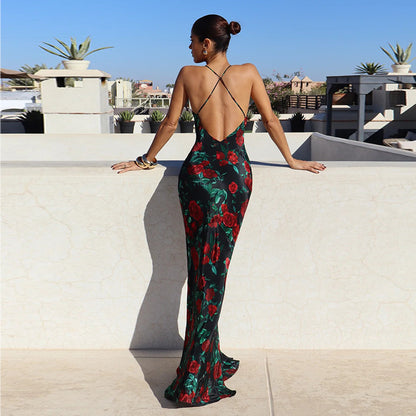 Sling Backless Deep V Printed Sexy Slim Fit Dress