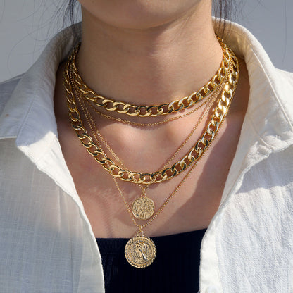 European And American New Multi-layer Round Plate Pendant Necklace