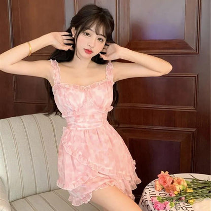 Super Fairy Seaside Holiday Nipped Waist High A- Line Floral Chiffon Sling Dress
