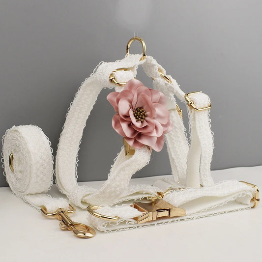 White Lace Pet Vest Dog Collar Dog Wedding Dog Leash