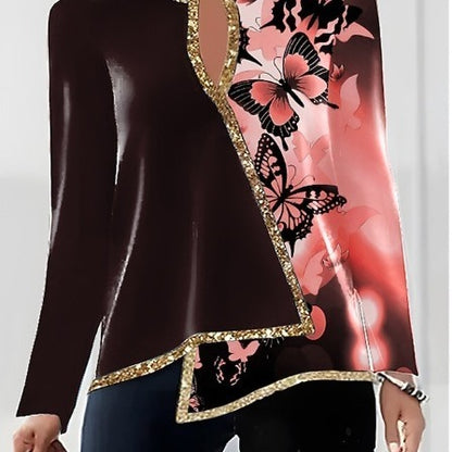 V-neck Fashion Irregular Hem Long Sleeved Fitted T-shirt
