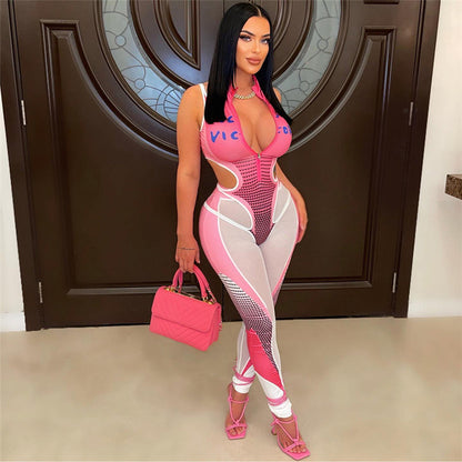 Hollow Printed Jumpsuit Mesh Stitching Casual Trousers Suit