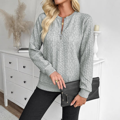 Women's Loose Casual Pullover Half Zipper Long Sleeve Solid Color Texture Round Neck Hoodie For Women