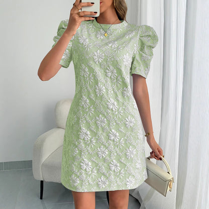 European And American Ladies Puff Sleeve Texture Jacquard Round Neck Retro Style Dress