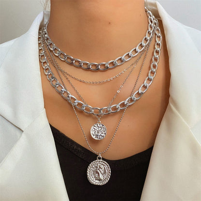 European And American New Multi-layer Round Plate Pendant Necklace