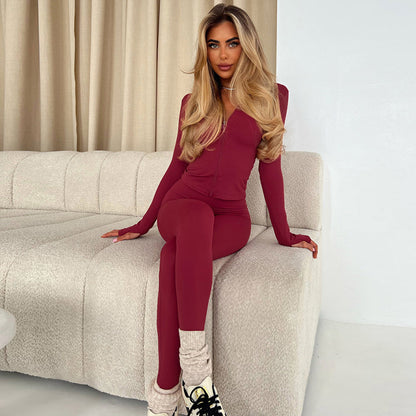 Zipper Coat High Waist Slim Trousers Suit