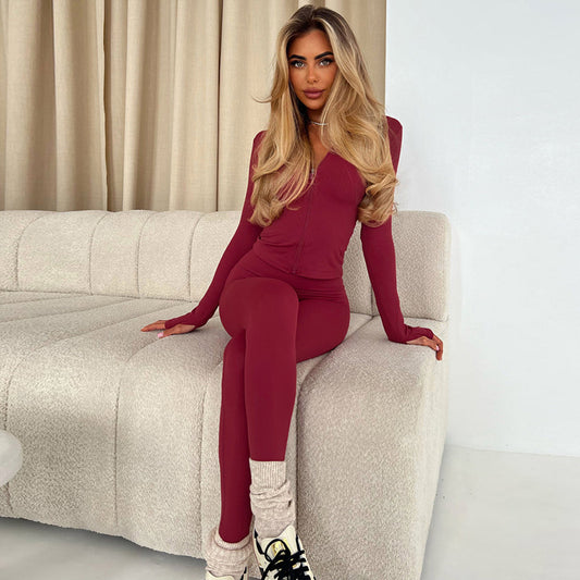 Zipper Coat High Waist Slim Trousers Suit
