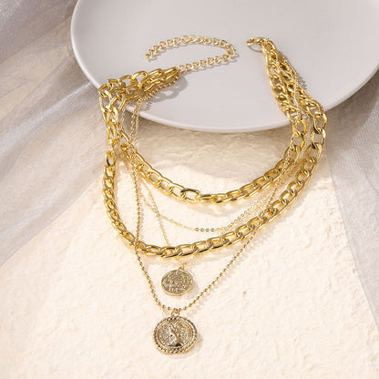 European And American New Multi-layer Round Plate Pendant Necklace