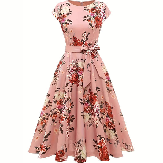 Summer Round Neck Sleeve Waist Belt Slim Print Sleeveless Swing Dress