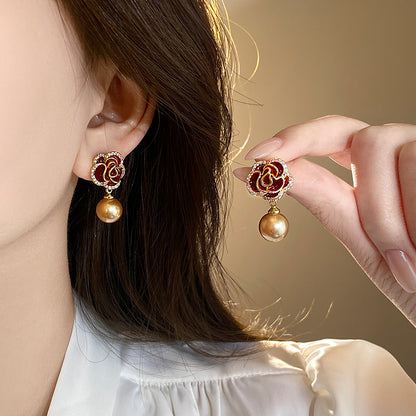 Ankela Red Micro-inlaid Camellia Pearl Earrings French Style Retro Affordable Luxury High Sense