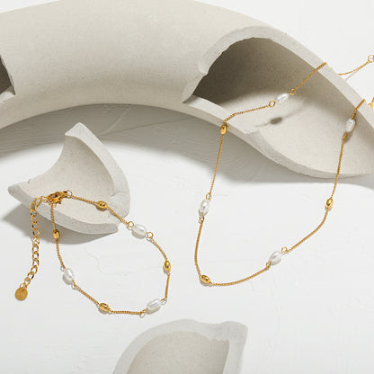Geometric Ellipse Freshwater Pearl Titanium Steel Necklace