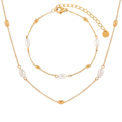 Geometric Ellipse Freshwater Pearl Titanium Steel Necklace