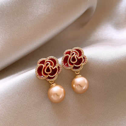 Ankela Red Micro-inlaid Camellia Pearl Earrings French Style Retro Affordable Luxury High Sense