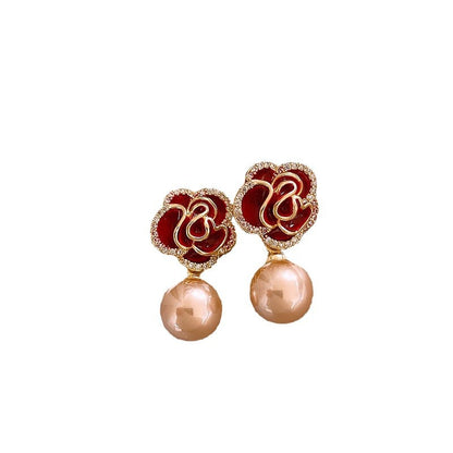 Ankela Red Micro-inlaid Camellia Pearl Earrings French Style Retro Affordable Luxury High Sense