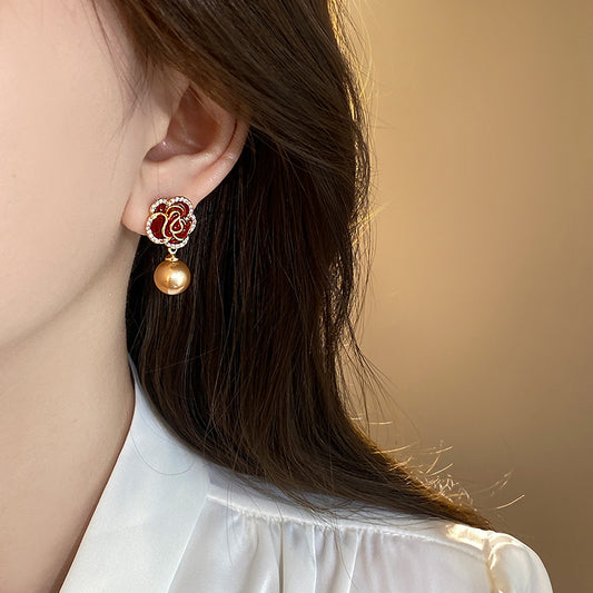 Ankela Red Micro-inlaid Camellia Pearl Earrings French Style Retro Affordable Luxury High Sense