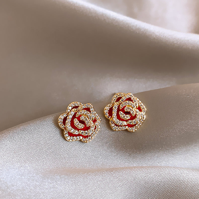 Ankela Red Micro-inlaid Camellia Pearl Earrings French Style Retro Affordable Luxury High Sense
