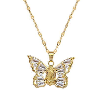 Titanium Steel Micro-inlaid Portrait Butterfly Zircon Necklace