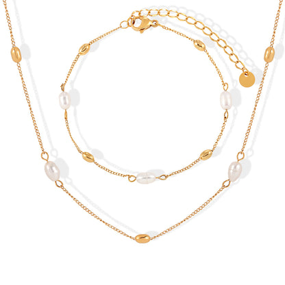Geometric Ellipse Freshwater Pearl Titanium Steel Necklace