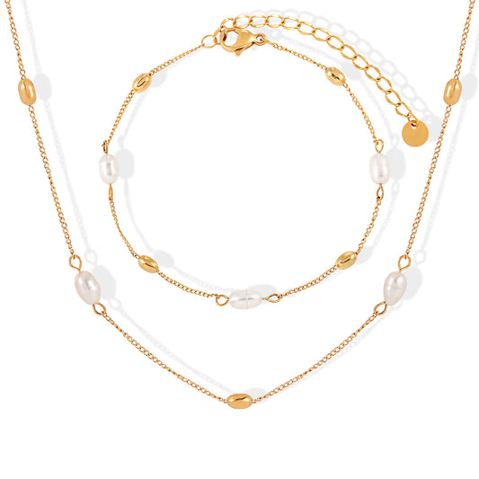 Geometric Ellipse Freshwater Pearl Titanium Steel Necklace