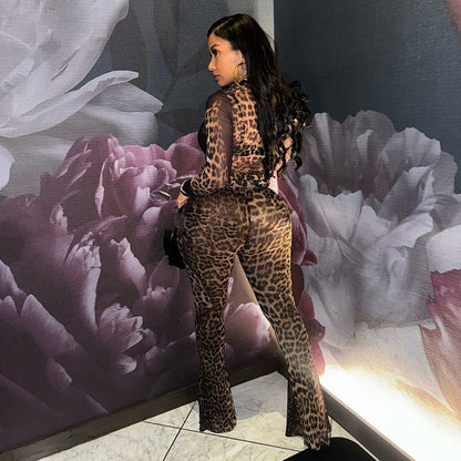 Spandex Graceful And Fashionable Leopard Print Two-piece Set For Women