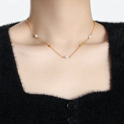 Geometric Ellipse Freshwater Pearl Titanium Steel Necklace