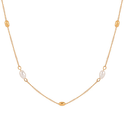 Geometric Ellipse Freshwater Pearl Titanium Steel Necklace