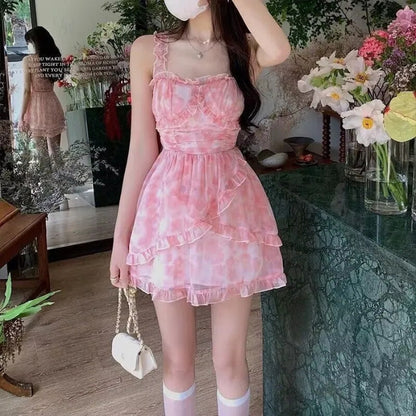 Super Fairy Seaside Holiday Nipped Waist High A- Line Floral Chiffon Sling Dress