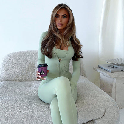 Zipper Coat High Waist Slim Trousers Suit
