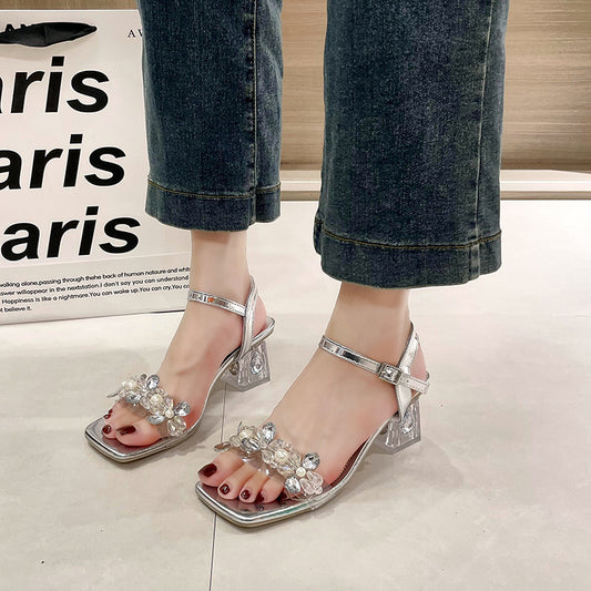 Chunky Heel Rhinestone One-strap Outdoor High Heels