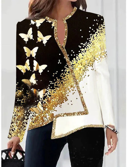 V-neck Fashion Irregular Hem Long Sleeved Fitted T-shirt