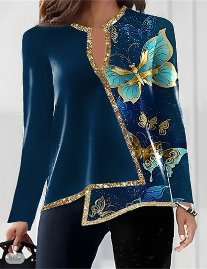 V-neck Fashion Irregular Hem Long Sleeved Fitted T-shirt