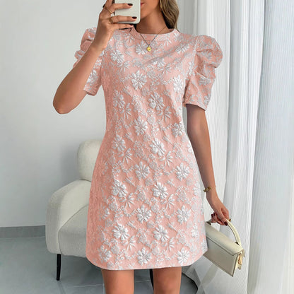 European And American Ladies Puff Sleeve Texture Jacquard Round Neck Retro Style Dress