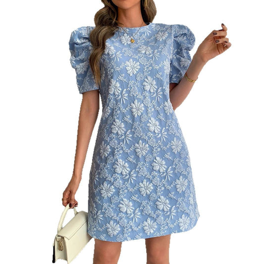 European And American Ladies Puff Sleeve Texture Jacquard Round Neck Retro Style Dress