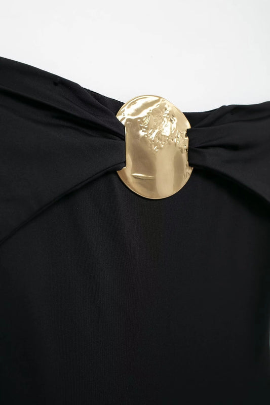 Women's Chest Metal Decoration Black Swimsuit