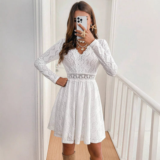 Elegant Women's Solid Color Lace Patchwork Mini Holiday Dress