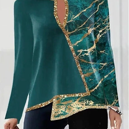 V-neck Fashion Irregular Hem Long Sleeved Fitted T-shirt